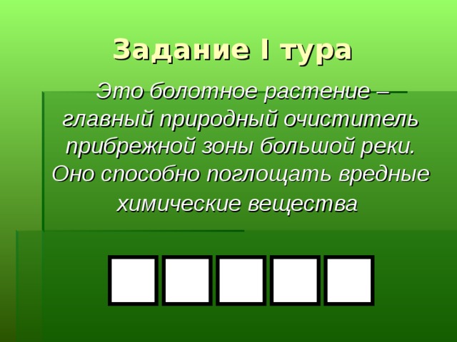 Задание I тура  Это болотное растение – главный природный очиститель прибрежной зоны большой реки. Оно способно поглощать вредные химические вещества  