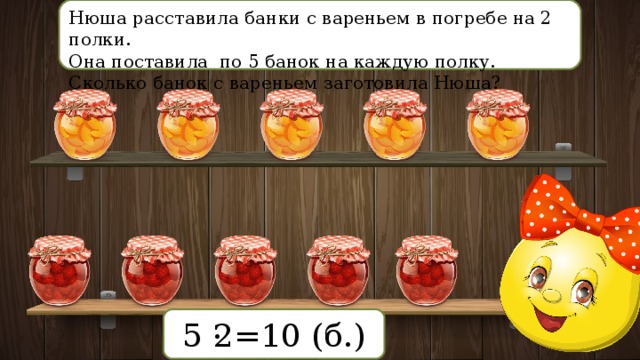 Нюша расставила банки с вареньем в погребе на 2 полки. Она поставила по 5 банок на каждую полку. Сколько банок с вареньем заготовила Нюша? . 5 2=10 (б.) 
