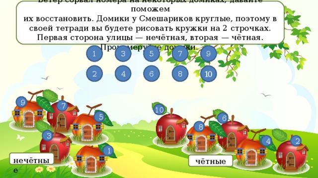 Ветер сорвал номера на некоторых домиках, давайте поможем их восстановить. Домики у Смешариков круглые, поэтому в своей тетради вы будете рисовать кружки на 2 строчках. Первая сторона улицы — нечётная, вторая — чётная. Пронумеруйте домики. 9 7 5 3 1 1 3 8 6 4 2 8 2 1 0 9 7 10 5 6 8 3 4 2 1 нечётные чётные 