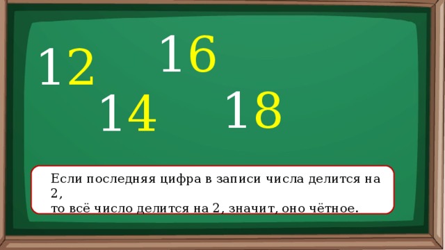 1 6 1 2 1 8 1 4 Если последняя цифра в записи числа делится на 2, то всё число делится на 2, значит, оно чётное. 