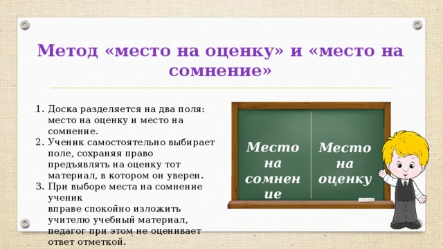 Метод «место на оценку» и «место на сомнение» Доска разделяется на два поля: место на оценку и место на сомнение. Ученик самостоятельно выбирает поле, сохраняя право предъявлять на оценку тот материал, в котором он уверен. При выборе места на сомнение ученик  вправе спокойно изложить учителю учебный материал, педагог при этом не оценивает ответ отметкой. Место на сомнение Место на оценку 