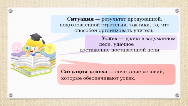 Ситуация — результат продуманной, подготовленной стратегии, тактики, то, что способен организовать учитель.  Успех —  удача в задуманном деле, удачное  достижение поставленной цели. Ситуация успеха — сочетание условий, которые обеспечивают успех. 