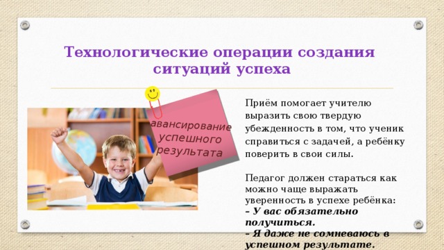 авансирование успешного результата Технологические операции создания  ситуаций успеха Приём помогает учителю выразить свою твердую убежденность в том, что ученик справиться с задачей, а ребёнку поверить в свои силы. Педагог должен стараться как можно чаще выражать уверенность в успехе ребёнка: – У вас обязательно получиться. – Я даже не сомневаюсь в успешном результате. 