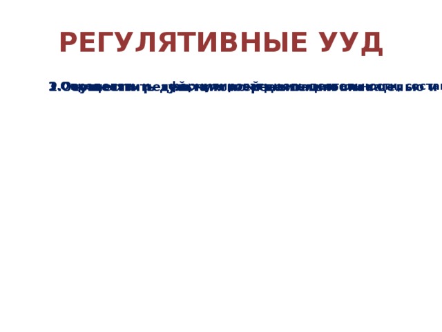 РЕГУЛЯТИВНЫЕ УУД 1.Определять и формулировать цель деятельности, составлять план действий по решению проблемы (задачи) 2.Осуществить действия по реализации плана 3.Соотнести результат своей деятельности с целью и оценить его 1.Определять и формулировать цель деятельности, составлять план действий по решению проблемы (задачи) 2.Осуществить действия по реализации плана 3.Соотнести результат своей деятельности с целью и оценить его 