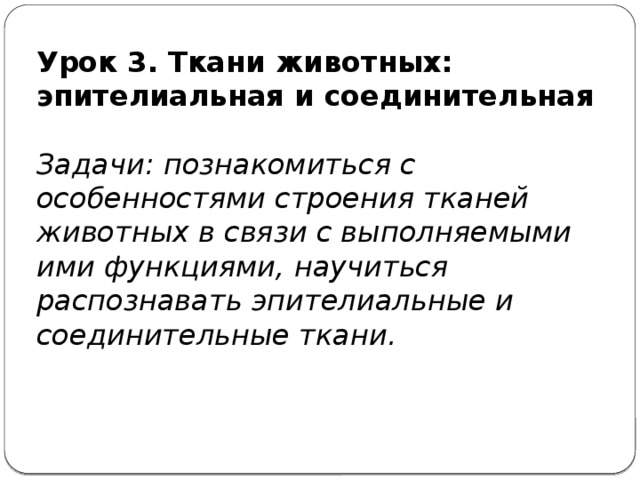 Урок 3. Ткани животных: эпителиальная и соединительная  Задачи: познакомиться с особенностями строения тканей животных в связи с выполняемыми ими функциями, научиться распознавать эпителиальные и соединительные ткани. 