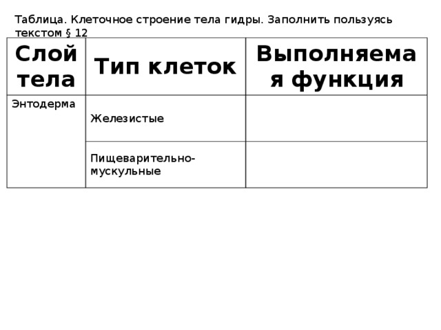 Таблица. Клеточное строение тела гидры. Заполнить пользуясь текстом § 12 Слой тела Тип клеток Энтодерма Выполняемая функция Железистые Пищеварительно-мускульные 