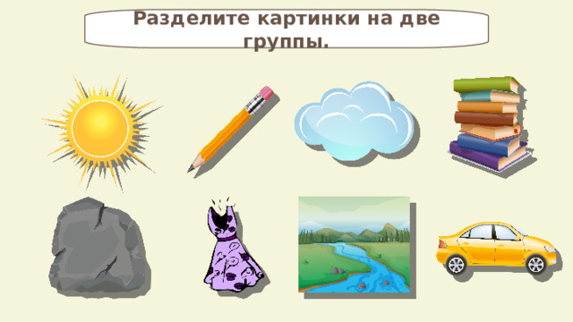 Разделите картинки на две группы. 