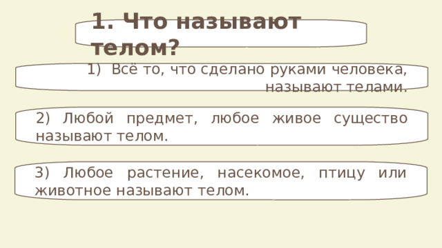 1. Что называют телом? 1) Всё то, что сделано руками человека, называют телами. 2) Любой предмет, любое живое существо называют телом. 3) Любое растение, насекомое, птицу или животное называют телом. 