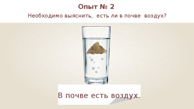 Опыт № 2 Необходимо выяснить, есть ли в почве воздух?   В почве есть воздух . 