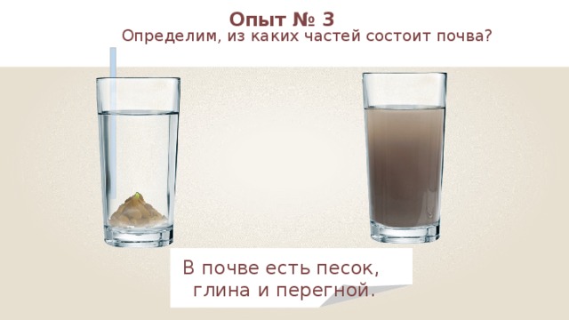 Опыт № 3 Определим, из каких частей состоит почва? В почве есть песок, глина и перегной. 