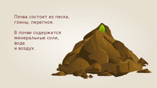 Почва состоит из песка, глины, перегноя. В почве содержатся минеральные соли, вода и воздух. 