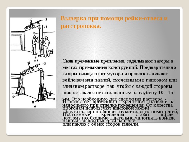 Выверка при помощи рейки-отвеса и расстроповка. В качестве временного крепления панелей к прогонам используют винтовой зажим . Постоянные крепления ставят после окончательной выверки панелей. Сняв временные крепления, заделывают зазоры в местах примыкания конструкций. Предварительно зазоры очищают от мусора и проконопачивают войлоком или паклей, смоченными в гипсовом или глиняном растворе, так, чтобы с каждой стороны шов оставался незаполненным на глубину 10 - 15 мм. Это необходимо для сцепления раствора, наносимого при отделке помещения. От качества заделки зазоров зависит звукоизоляция помещений, поэтому необходимо тщательно уплотнять войлок или паклю с обеих сторон панели. 