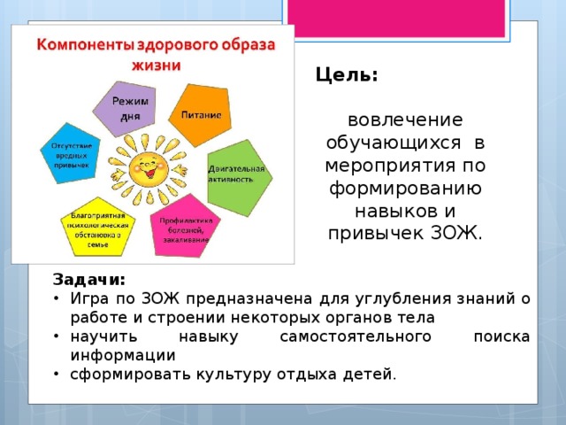 Цель:  вовлечение обучающихся  в мероприятия по формированию навыков и привычек ЗОЖ. Задачи: Игра по ЗОЖ предназначена для углубления знаний о работе и строении некоторых органов тела научить навыку самостоятельного поиска информации сформировать культуру отдыха детей. 