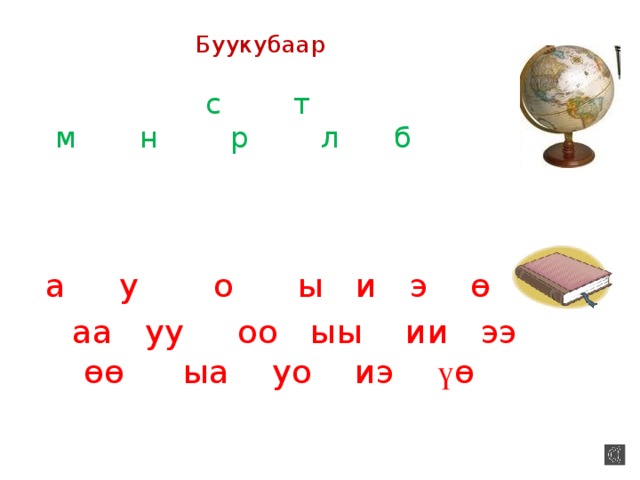 Буукубаар     с т  м н р л б    а у о ы и э ѳ  аа уу оо ыы ии ээ ѳѳ  ыа уо иэ ү ѳ 