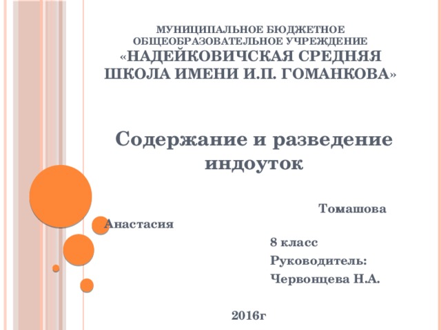 муниципальное бюджетное общеобразовательное учреждение  «Надейковичская средняя школа имени И.П. Гоманкова»         Содержание и разведение индоуток   Томашова  Анастасия  8 класс  Руководитель:  Червонцева Н.А.   2016г 