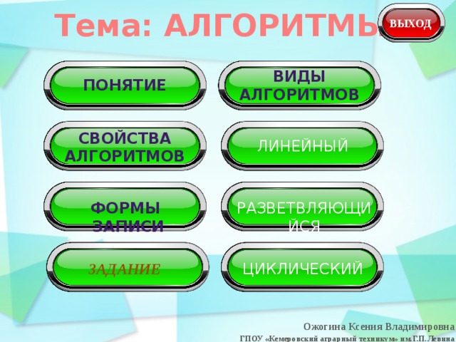 Тема: АЛГОРИТМЫ ВЫХОД Виды алгоритмов понятие СВОЙСТВА АЛГОРИТМОВ ЛИНЕЙНЫЙ Формы ЗАПиси РАЗВЕТВЛЯЮЩИЙСЯ ЦИКЛИЧЕСКИЙ ЗАДАНИЕ Ожогина Ксения Владимировна ГПОУ «Кемеровский аграрный техникум» им.Г.П.Левина 