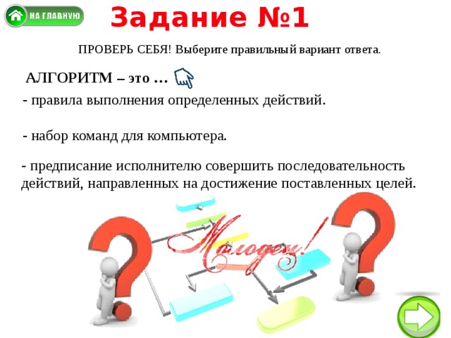 Задание №1 ПРОВЕРЬ СЕБЯ! Выберите правильный вариант ответа. АЛГОРИТМ – это …  - правила выполнения определенных действий .   - набор команд для компьютера. - предписание исполнителю совершить последовательность действий, направленных на достижение поставленных целей. 