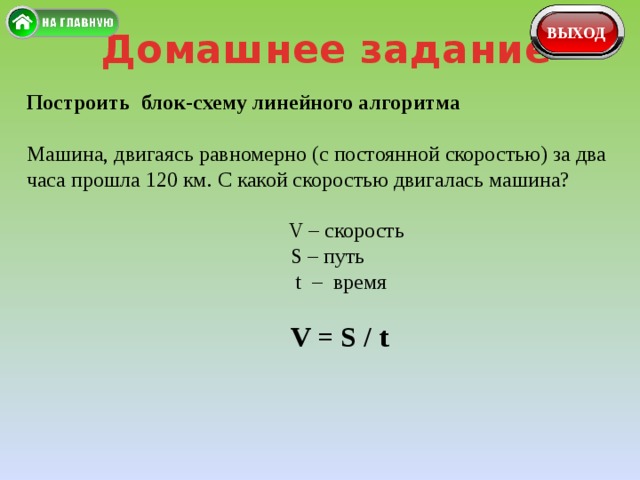 ВЫХОД Домашнее задание Построить блок-схему линейного алгоритма  Машина, двигаясь равномерно (с постоянной скоростью) за два часа прошла 120 км. С какой скоростью двигалась машина?  V – скорость  S – путь  t – время  V = S / t 