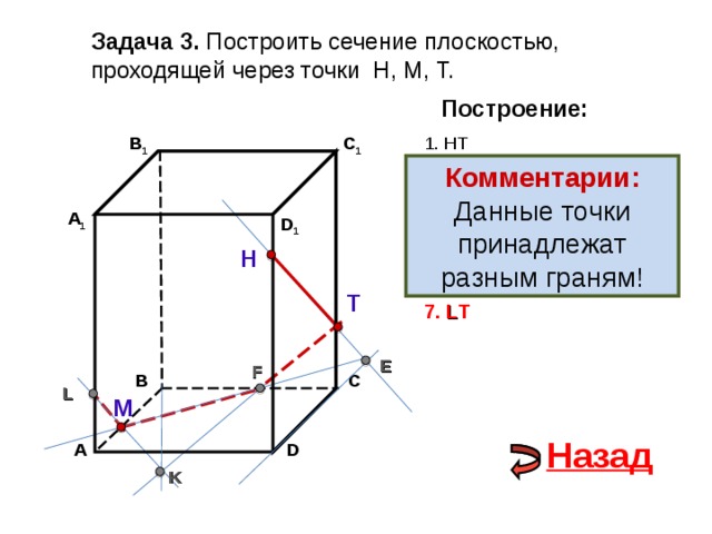 Задача 3. Построить сечение плоскостью, проходящей через точки Н, М, Т. Построение: C 1 1. НТ В 1 2. НТ ∩ D С  = E Комментарии: Данные точки принадлежат разным граням! 3 . ME  ∩ ВС  = F А 1 D 1 4. Т F 5. Т F  ∩ В 1 В  = K Н 6. М K  ∩ АА 1 = L Т 7. L Т E F В С L М Назад D А K 