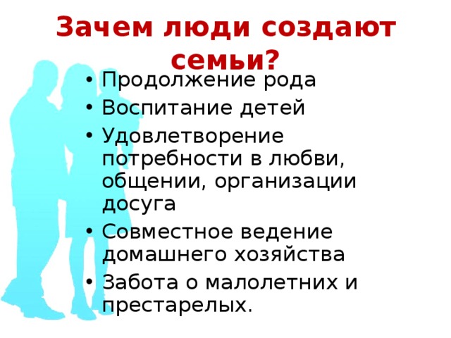 Зачем люди создают семьи? Продолжение рода Воспитание детей Удовлетворение потребности в любви, общении, организации досуга Совместное ведение домашнего хозяйства Забота о малолетних и престарелых.  