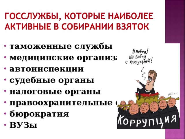 таможенные службы медицинские организации автоинспекции судебные органы налоговые органы правоохранительные органы бюрократия ВУЗы 