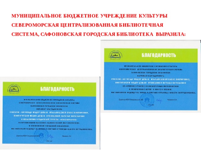 Муниципальное бюджетное учреждение культуры Североморская централизованная библиотечная система, Сафоновская городская библиотека выразила: 