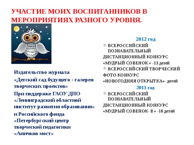 Участие моих воспитанников в мероприятиях разного уровня.   2012 год ВСЕРОССИЙСКИЙ ПОЗНАВАТЕЛЬНЫЙ ДИСТАНЦИОННЫЙ КОНКУРС «МУДРЫЙ СОВЕНОК » -13 детей ВСЕРОССИЙСКИЙ ТВОРЧЕСКИЙ ФОТО-КОНКУРС «НОВОГОДНЯЯ ОТКРЫТКА»- детей 2013 год ВСЕРОССИЙСКИЙ ПОЗНАВАТЕЛЬНЫЙ ДИСТАНЦИОННЫЙ КОНКУРС «МУДРЫЙ СОВЕНОК- ll » -10 детей   Издательство журнала «Детский сад будущего - галерея творческих проектов» При поддержке ГАОУ ДПО «Ленинградский областной институт развития образования» и Российского фонда «Петербургский центр творческой педагогики «Аничков мост» 