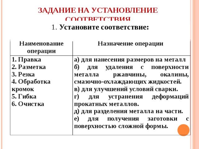 ЗАДАНИЕ НА УСТАНОВЛЕНИЕ СООТВЕТСТВИЯ   1. Установите соответствие:  Наименование операции Назначение операции 1. Правка 2. Разметка 3. Резка 4. Обработка кромок 5. Гибка 6. Очистка   а) для нанесения размеров на металл б) для удаления с поверхности металла ржавчины, окалины, смазочно-охлаждающих жидкостей. в) для улучшений условий сварки. г) для устранения деформаций прокатных металлов. д) для разделения металла на части. е) для получения заготовки с поверхностью сложной формы. 