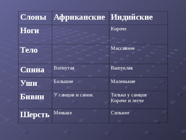Слоны Ноги Африканские Индийские Тело Короче Спина Массивнее Вогнутая Уши Бивни Выпуклая Большие Маленькие У самцов и самок Шерсть Только у самцов Короче и легче Меньше Сильнее 