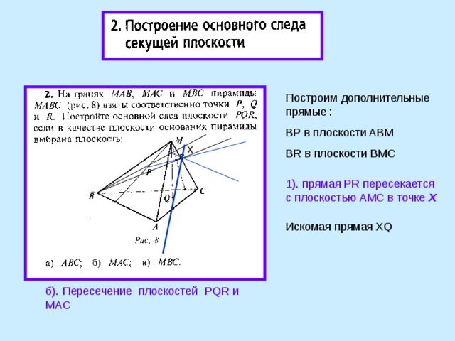 Построим дополнительные прямые : BP в плоскости ABM BR в плоскости BMC x 1). прямая PR пересекается с плоскостью AMC в точке Х а Искомая прямая XQ б). Пересечение плоскостей PQR и MAC  