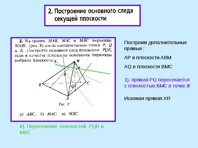 Построим дополнительные прямые : AP в плоскости ABM AQ в плоскости BMC x 1). прямая PQ пересекается с плоскостью BMC в точке Х а Искомая прямая XR в). Пересечение плоскостей PQR и MBC  