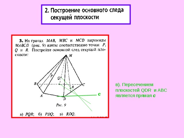 в). Пересечением плоскостей QDR и ABC является прямая с с 