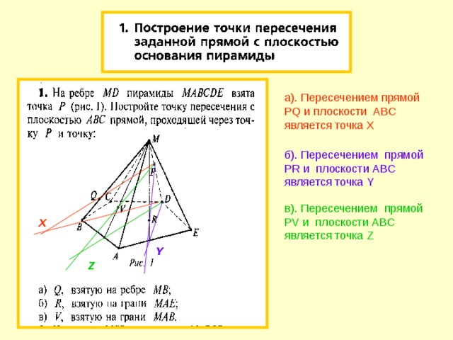 а). Пересечением прямой PQ и плоскости ABC является точка X  б). Пересечением прямой PR и плоскости ABC является точка Y в). Пересечением прямой PV и плоскости ABC является точка Z X Y Z 