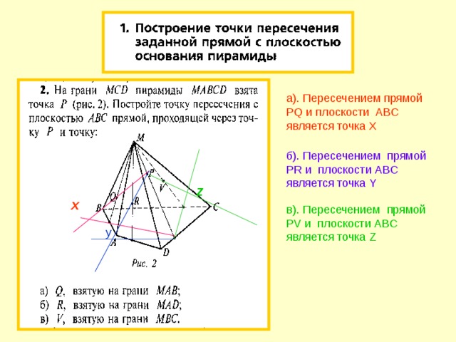 а). Пересечением прямой PQ и плоскости ABC является точка X  б). Пересечением прямой PR и плоскости ABC является точка Y Z X в). Пересечением прямой PV и плоскости ABC является точка Z y  