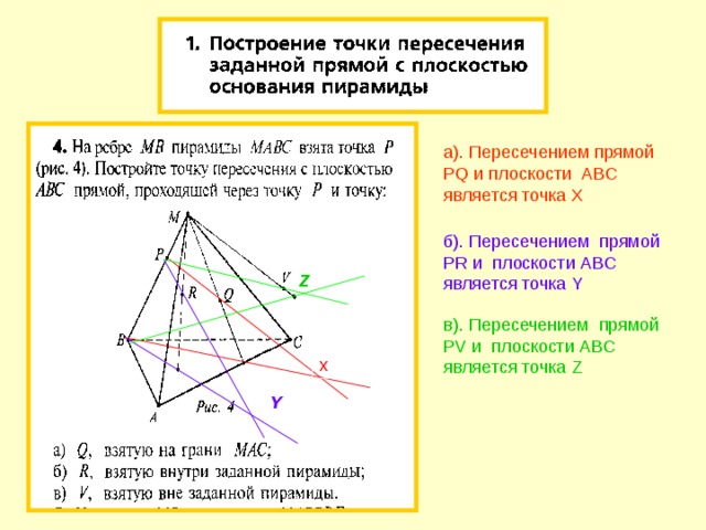а). Пересечением прямой PQ и плоскости ABC является точка X  б). Пересечением прямой PR и плоскости ABC является точка Y Z в). Пересечением прямой PV и плоскости ABC является точка Z x Y  