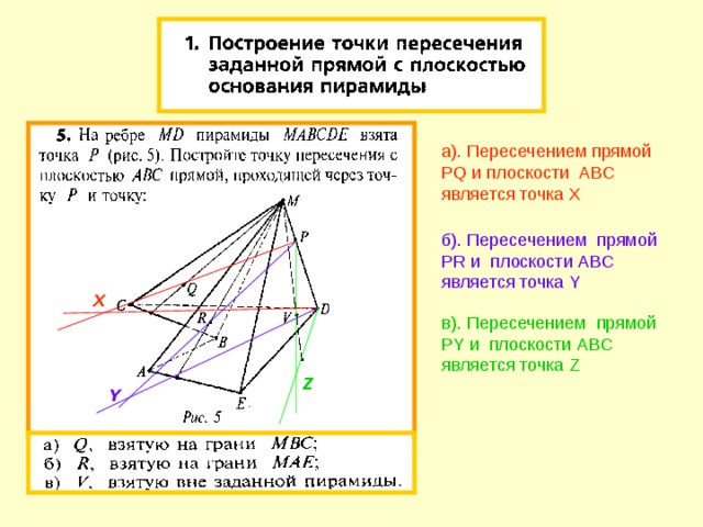 а). Пересечением прямой PQ и плоскости ABC является точка X  б). Пересечением прямой PR и плоскости ABC является точка Y X в). Пересечением прямой PY и плоскости ABC является точка Z Z Y 