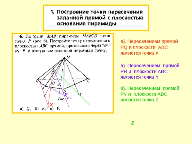 а). Пересечением прямой PQ и плоскости ABC является точка X  б). Пересечением прямой PR и плоскости ABC является точка Y в). Пересечением прямой PV и плоскости ABC является точка Z Y X Z 