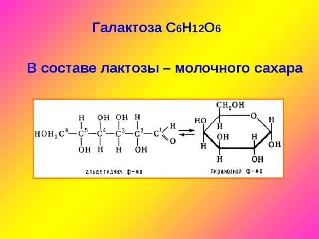 Галактоза С 6 Н 12 О 6 В составе лактозы – молочного сахара 