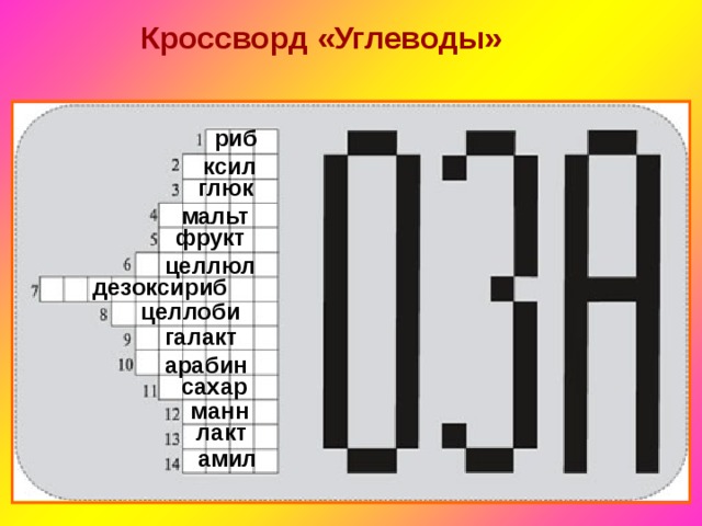 Кроссворд «Углеводы» риб ксил глюк мальт фрукт целлюл дезоксириб целлоби галакт арабин сахар манн лакт амил 