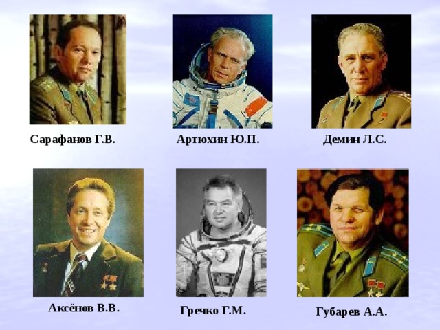 Артюхин Ю.П. Демин Л.С. Сарафанов Г.В. Аксёнов В.В. Гречко Г.М. Губарев А.А. 