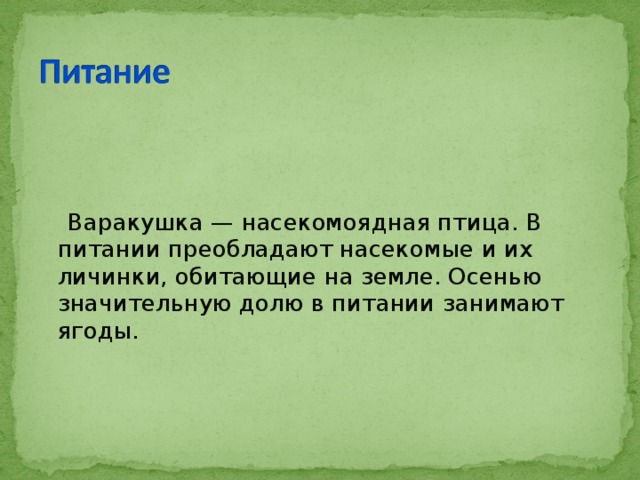  Варакушка — насекомоядная птица. В питании преобладают насекомые и их личинки, обитающие на земле. Осенью значительную долю в питании занимают ягоды. 
