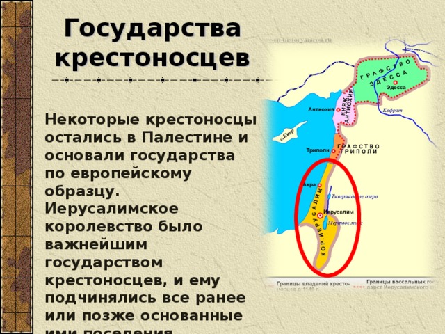 Государства крестоносцев Некоторые крестоносцы остались в Палестине и основали государства по европейскому образцу. Иерусалимское королевство было важнейшим государством крестоносцев, и ему подчинялись все ранее или позже основанные ими поселения.  