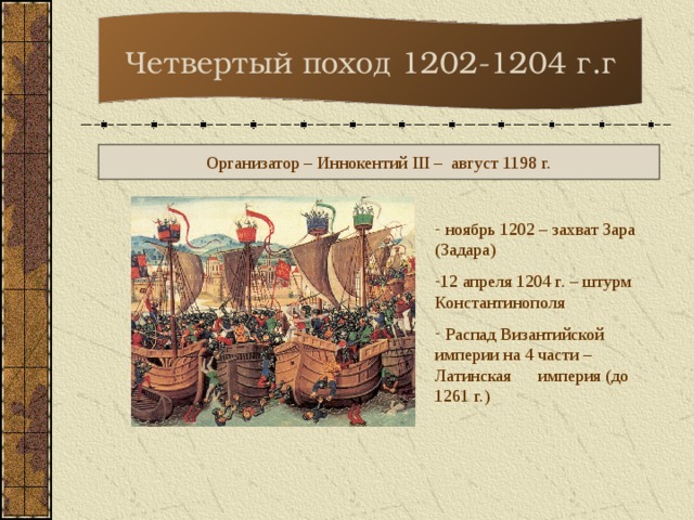 Четвертый поход 1202-1204 г.г Организатор – Иннокентий III – август 1198 г.  ноябрь 1202 – захват Зара (Задара) 12 апреля 1204 г. – штурм Константинополя  Распад Византийской империи на 4 части – Латинская империя (до 1261 г.)  