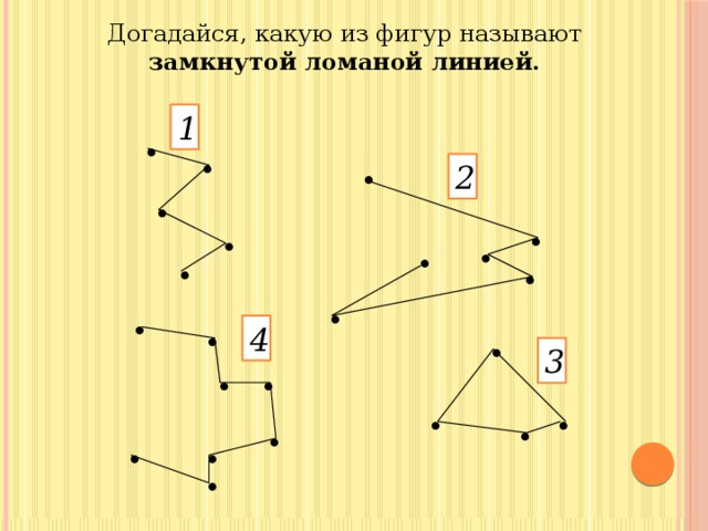 Догадайся, какую из фигур называют замкнутой ломаной линией.  1 . . . 2 . . . . .  . . . . . . 4 3 . . . . . . . . . 
