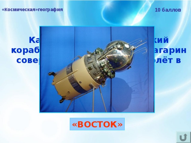 «Космическая»география 10 баллов Как назывался космический корабль, на котором Юрий Гагарин совершил первый в мире полёт в космос?  «ВОСТОК» 