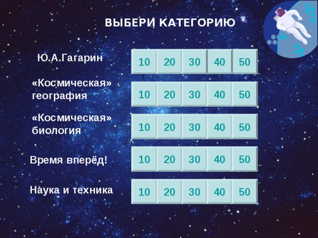 ВЫБЕРИ КАТЕГОРИЮ 10 20 50 40 30 Ю.А.Гагарин «Космическая» география 10 20 30 40 50 «Космическая» биология 40 50 20 30 10 10 20 30 40 50 Время вперёд! 10 20 30 40 50 Наука и техника 