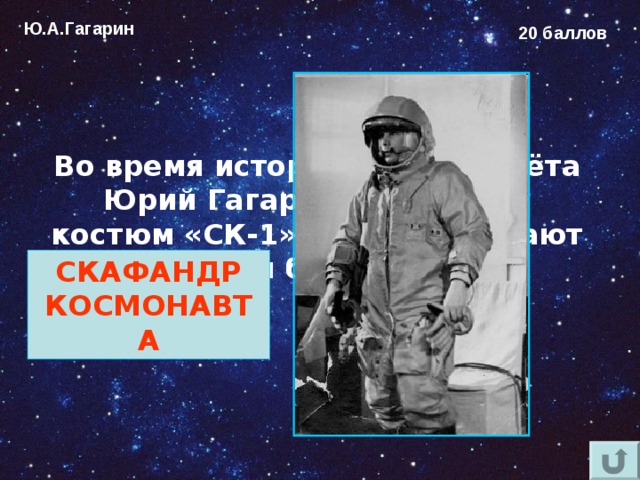 Ю.А.Гагарин 20 баллов Во время исторического полёта Юрий Гагарин был одет в костюм «СК-1». Что обозначают эти буквы? СКАФАНДР КОСМОНАВТА 