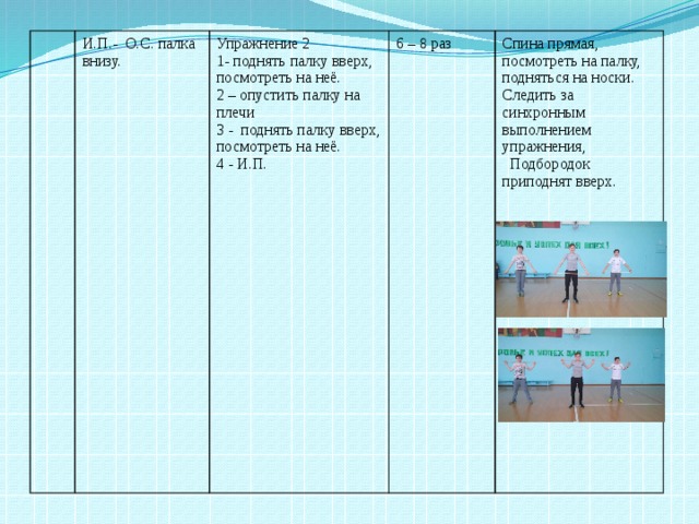 И.П.- О.С. палка внизу. Упражнение 2 1- поднять палку вверх, посмотреть на неё. 6 – 8 раз 2 – опустить палку на плечи Спина прямая, посмотреть на палку, подняться на носки. 3 - поднять палку вверх, посмотреть на неё. Следить за синхронным выполнением упражнения, 4 - И.П.  Подбородок приподнят вверх. 