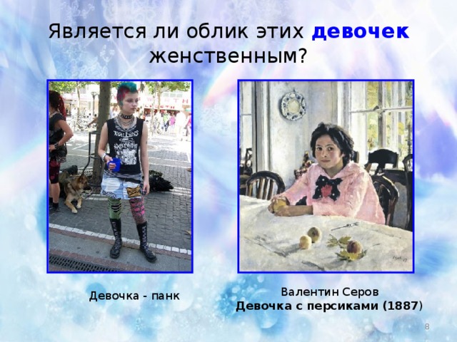 Является ли облик этих девочек женственным? Валентин Серов Девочка с персиками (1887 ) Девочка - панк