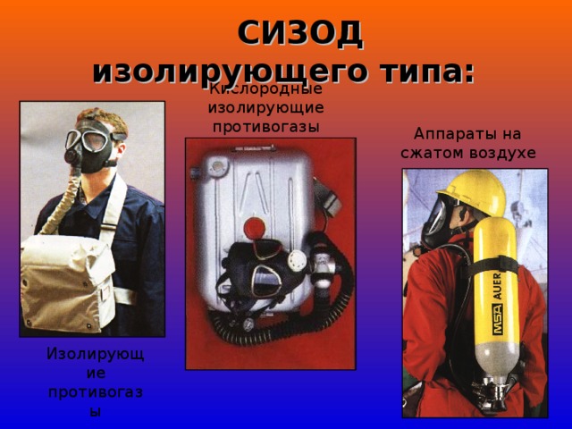  СИЗОД изолирующего типа: Кислородные изолирующие противогазы   Аппараты на сжатом воздухе Изолирующие противогазы 